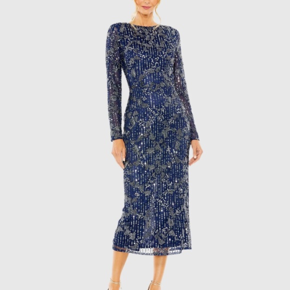 MAC DUGGAL 5988 MIDNIGHT NAVY HIGH NECK LONG SLEEVE EMBELLISHED MIDI DRESS sz 12 - Picture 2 of 5